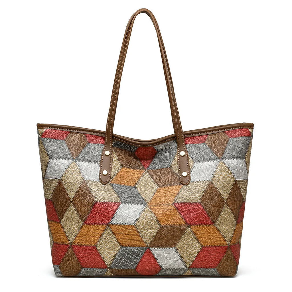 Women's blue brown PVC shoulder handbag with sandwich pocket for business and travel