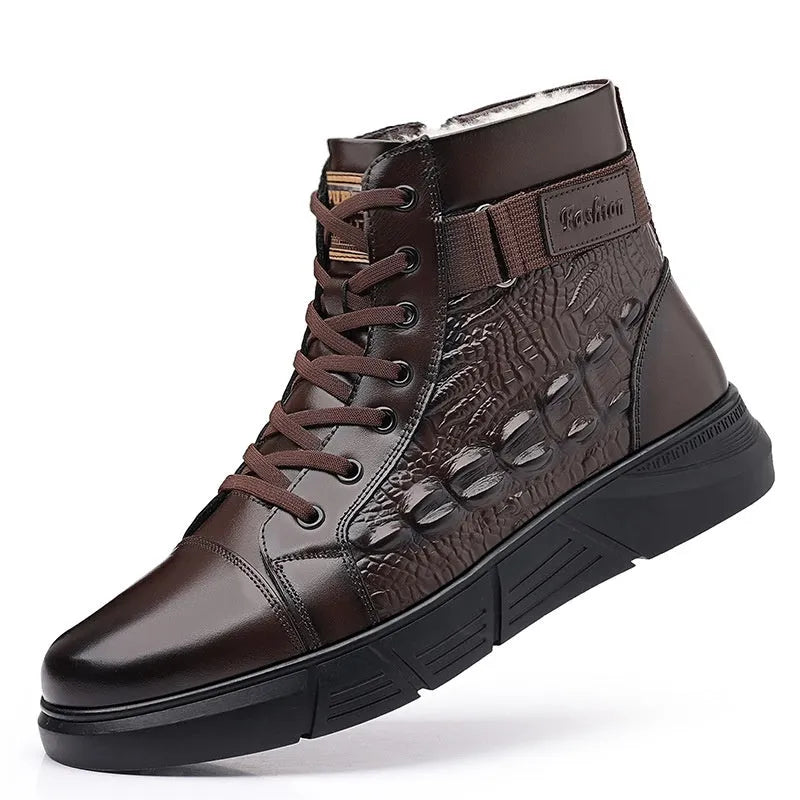 Women's black fur-lined leather snow boots with rubber soles and lace-up front