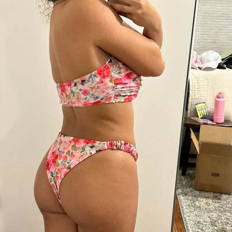 Women's tube top bikini set with lace trim in blue, yellow, pink, and floral print colours.