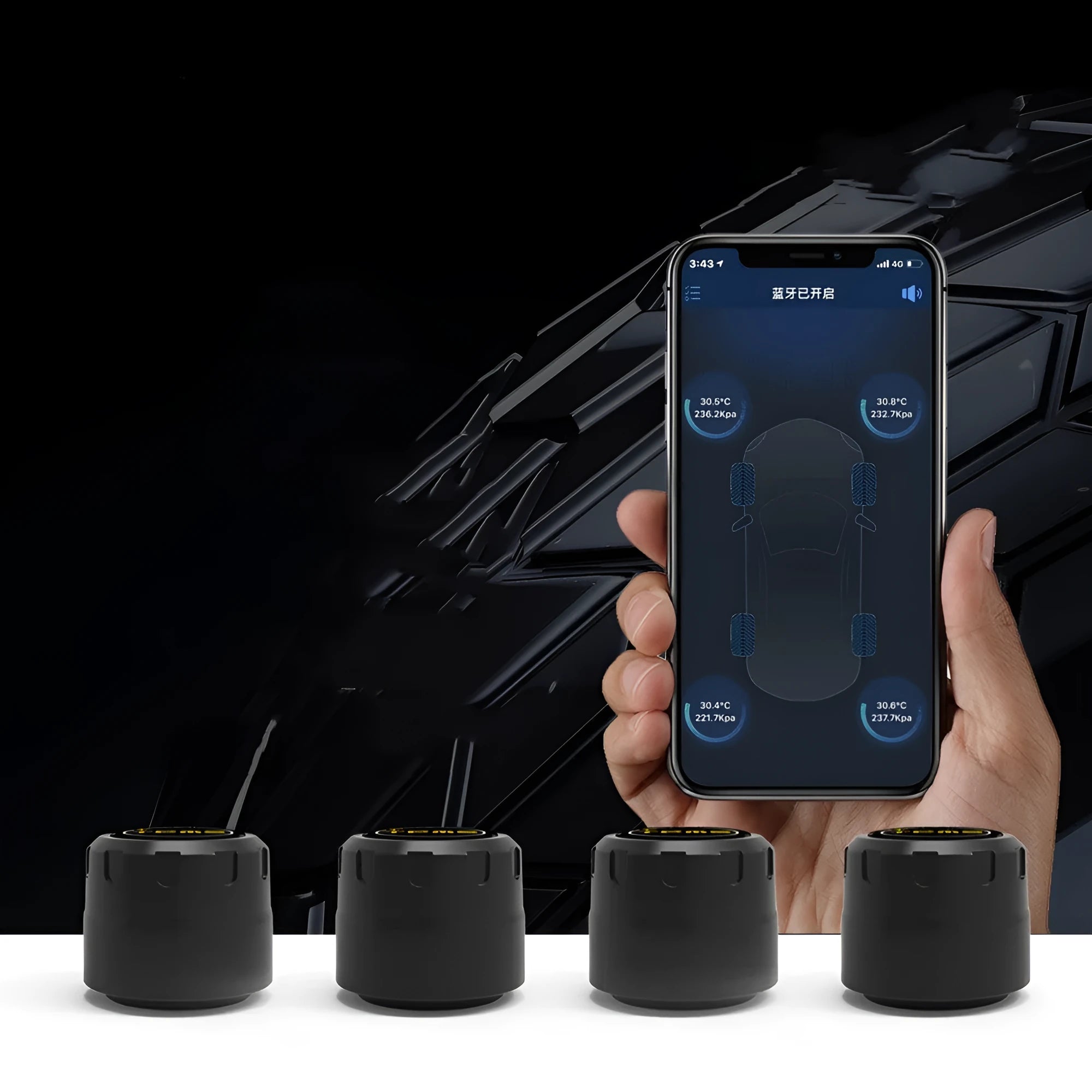 Black automotive tyre pressure monitoring system with four Bluetooth sensors and installation tools
