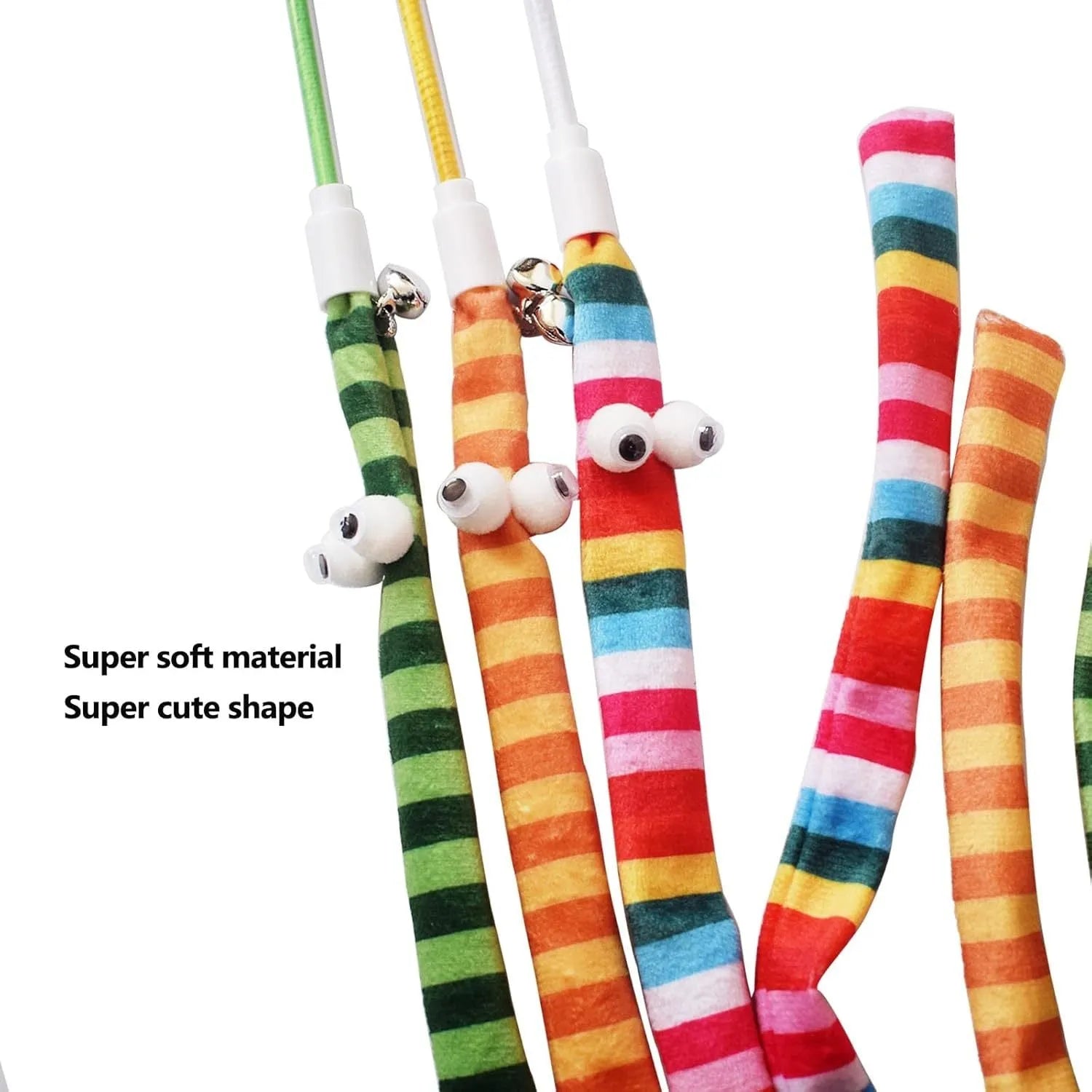 Cat wand toy with polycarbonate pole and plush strip in bright colours for interactive play