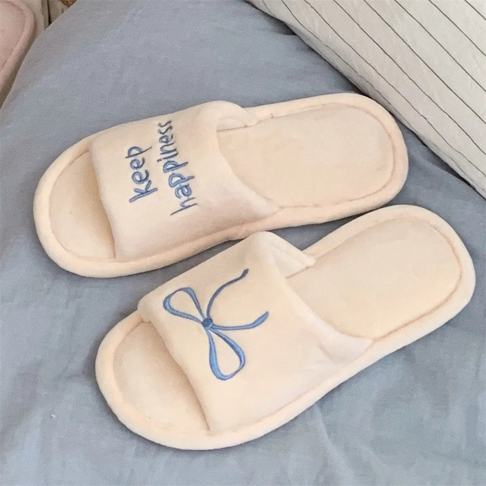 Ladies cotton slippers with bow and English letter pattern in beige yellow colour flat bottom