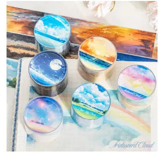 Japanese paper washi tape roll with sky theme designs including clouds, sun and nebula patterns