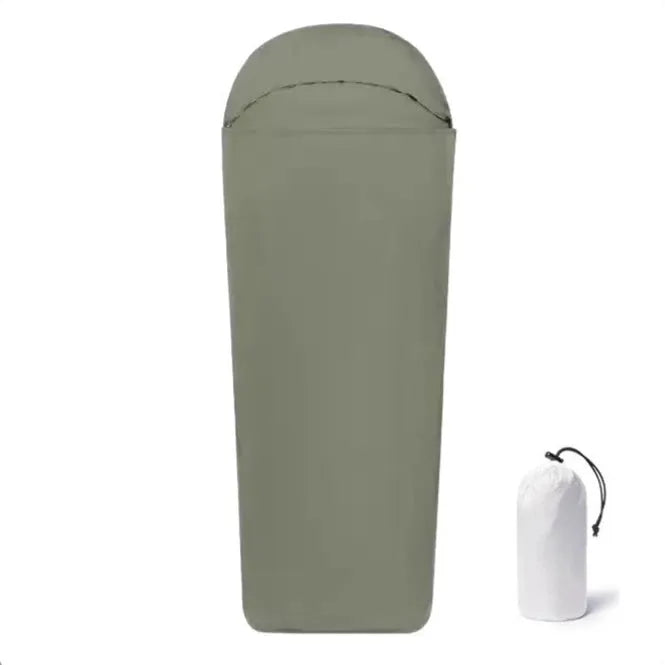 Blue and green adult mummy camping sleeping bag with nylon construction and portable design