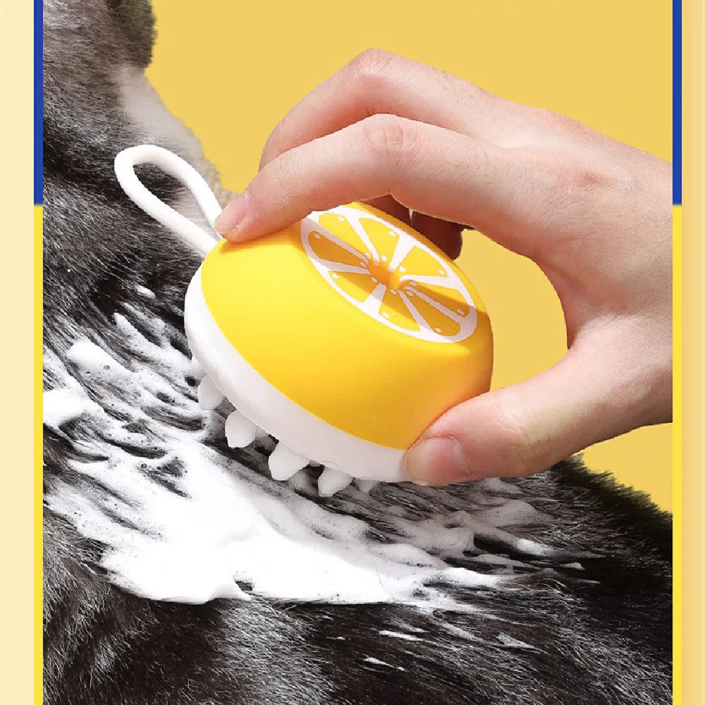 Yellow silicone pet bath brush with 2-in-1 comb design for dog and cat grooming