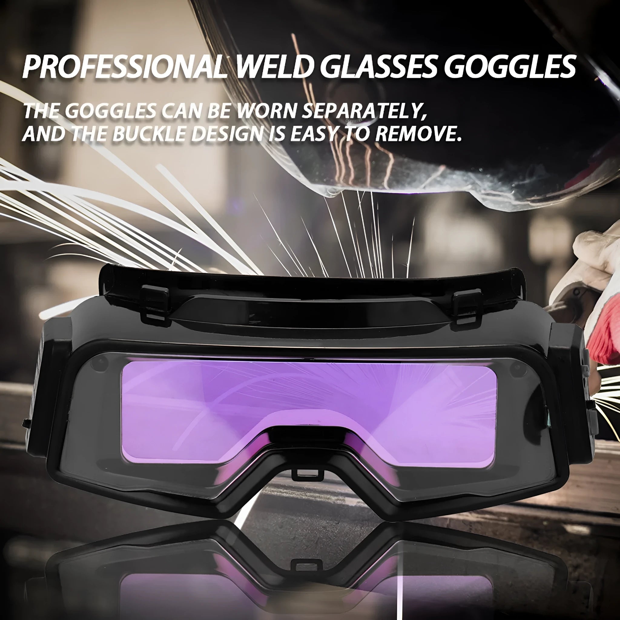 Black automatic darkening welding mask with a large rectangular LCD viewing lens.