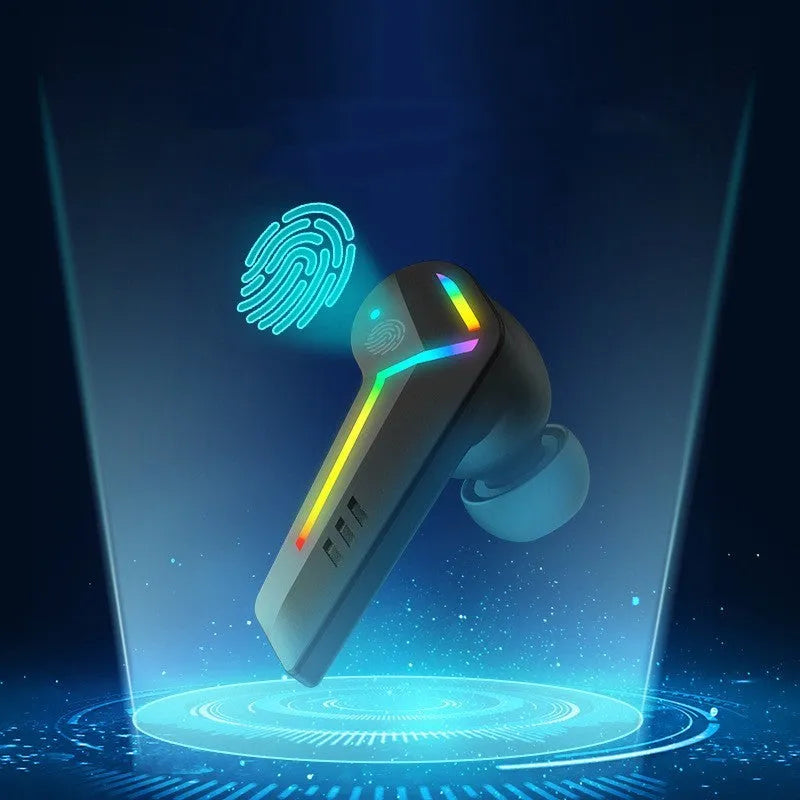 Small black TWS Bluetooth earbuds with low latency for gaming and sports.