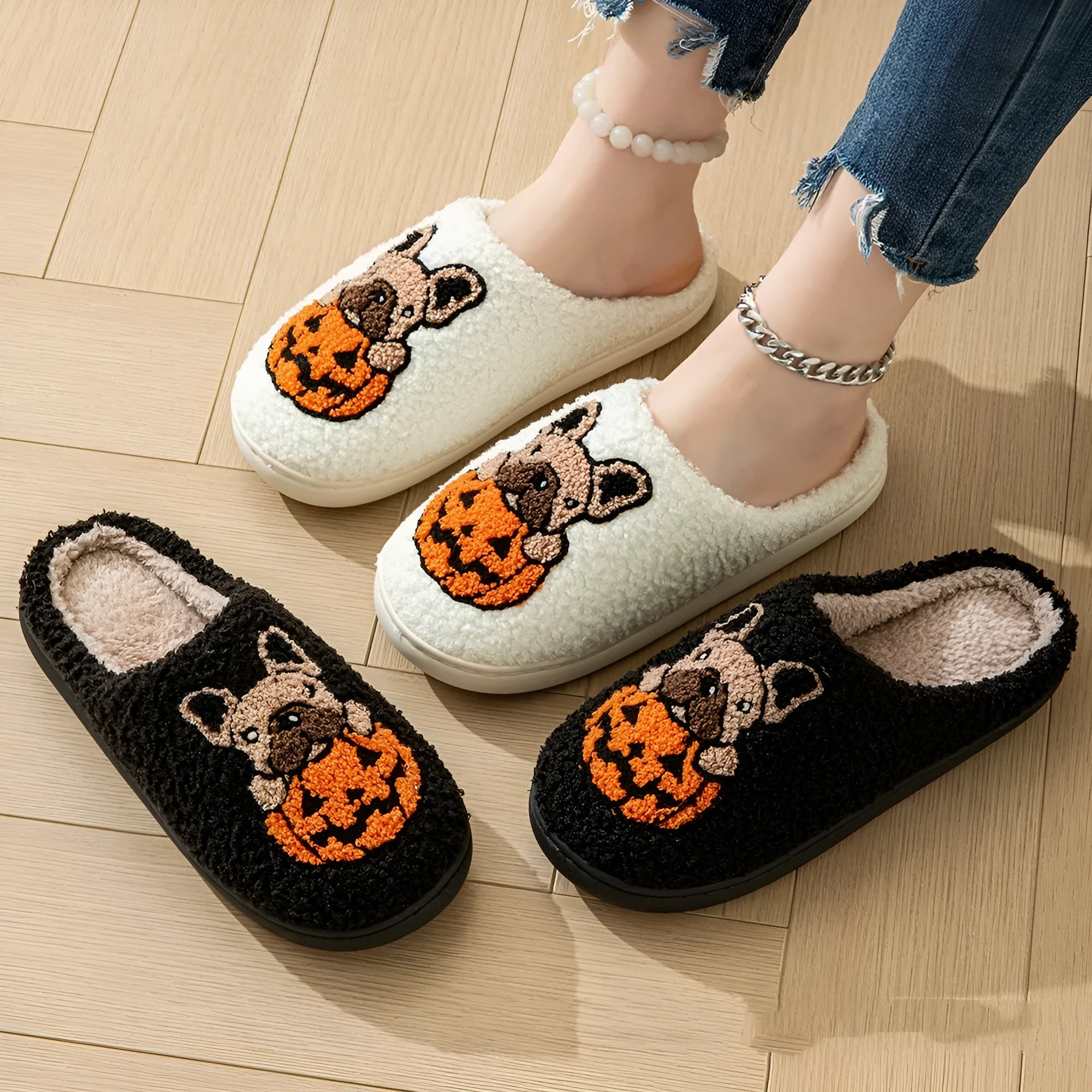 Halloween pumpkin house slippers in black and white colours with plush velvet cotton upper