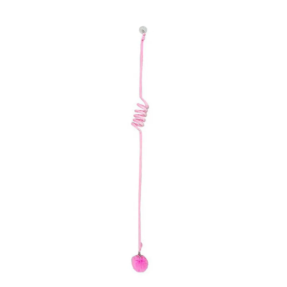 Cat toy with colourful inflatable bell ball on flexible wand and suction cup for door mounting