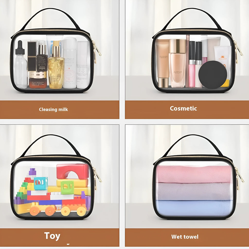 Transparent PVC wash bag showing cosmetics inside with chain handle
