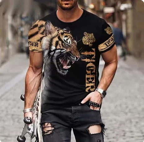 Men's grey T-shirt with a large, fierce 3D lion head print on the chest.