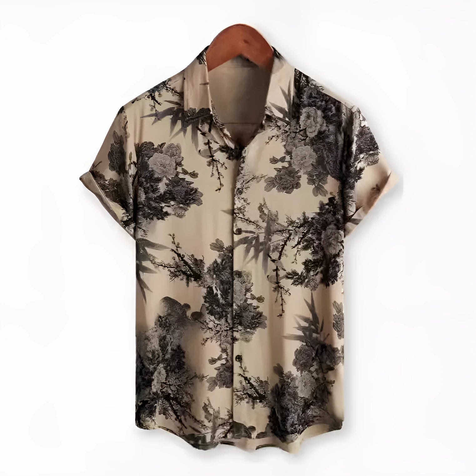 Man wearing a short sleeve Hawaiian floral print shirt with a lapel neckline, showcasing the digital print pattern.
