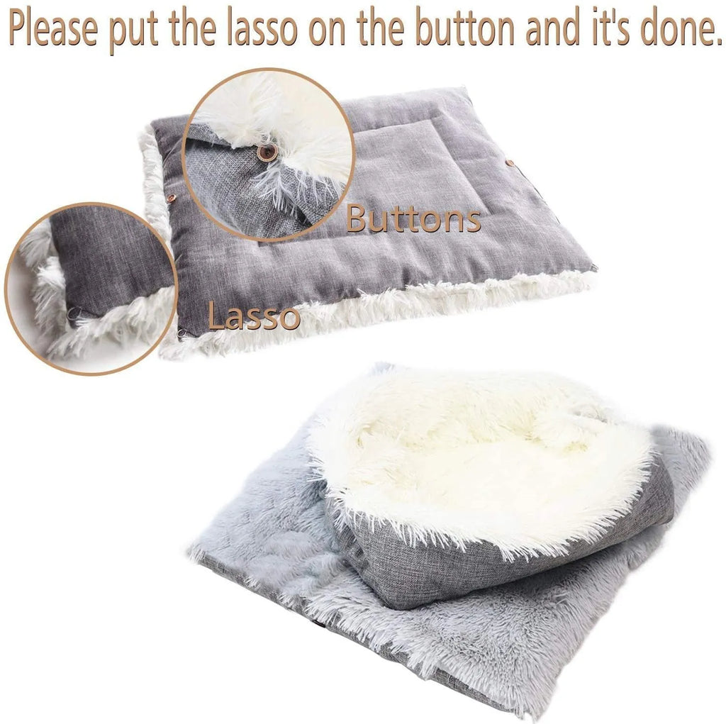 Grey and white long plush pet bed with black non-slip bottom particles