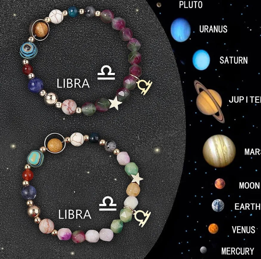 Set of twelve natural stone beaded bracelets, each representing a different zodiac sign.