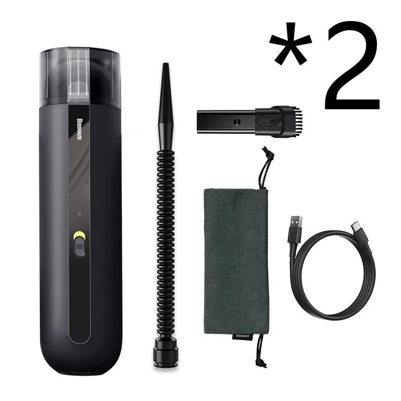 Baseus handheld car vacuum cleaner in black, white, or green, shown with blowing hose attachment.