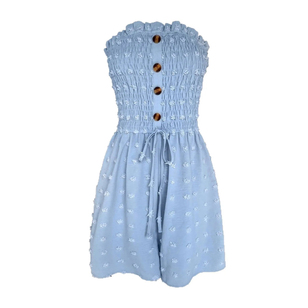 Women's solid colour off-shoulder sleeveless jumpsuit in blue showing Japanese Korean casual style with button detail