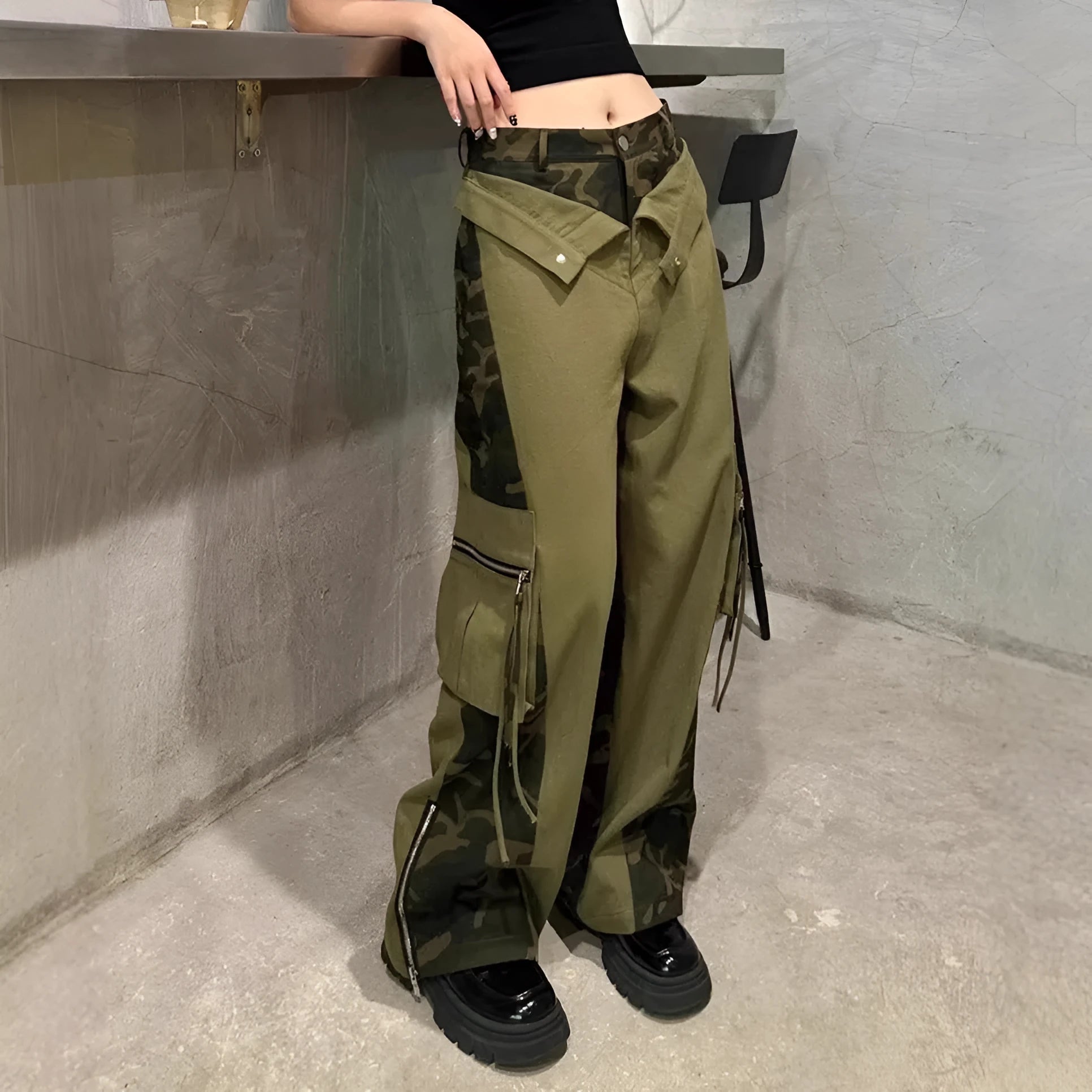 Women's retro high waist jeans with leopard print tooling style and fake two stitching on dark khaki denim