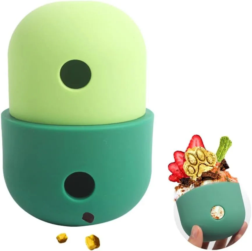 Food grade silicone dog treat puzzle toy in yellow with green colour for small medium dogs