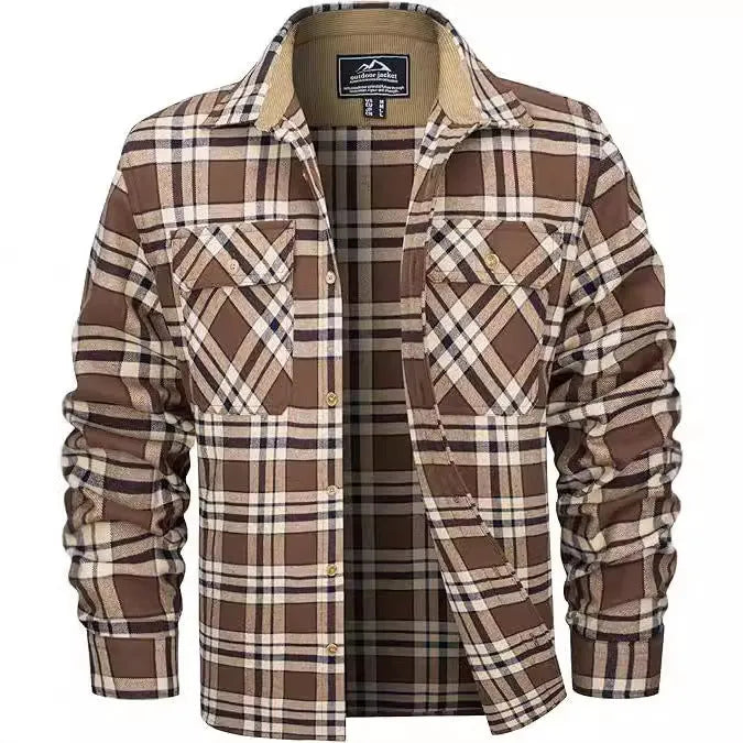 Man wearing a plaid button-down flannel shirt in cardigan style, showcasing orange and green colour options.