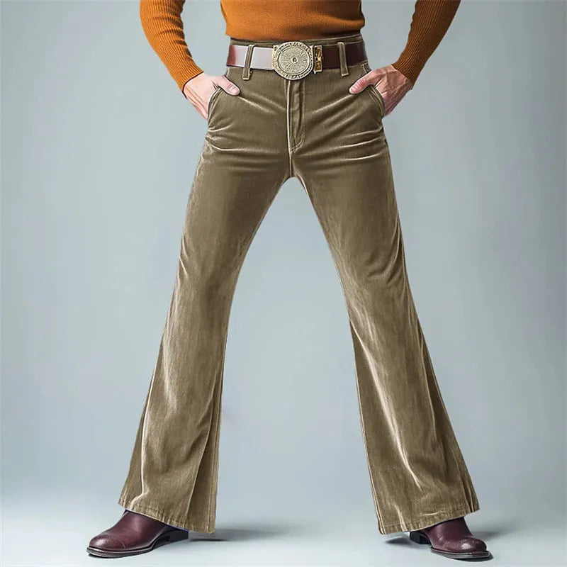 Men's gold velvet slim flared suit trousers in polyester blend fabric