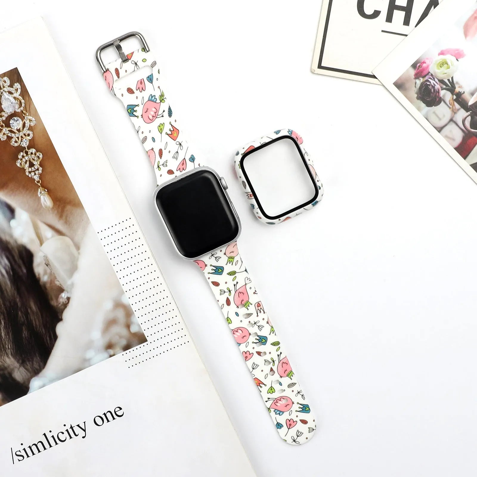 Printed silicone replacement strap for Apple Watch showing design options and 38mm 40mm 42mm 44mm size compatibility.
