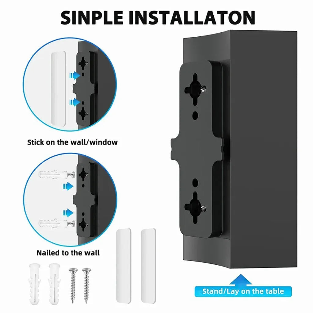Black plastic digital television antenna with mounting accessories on white background