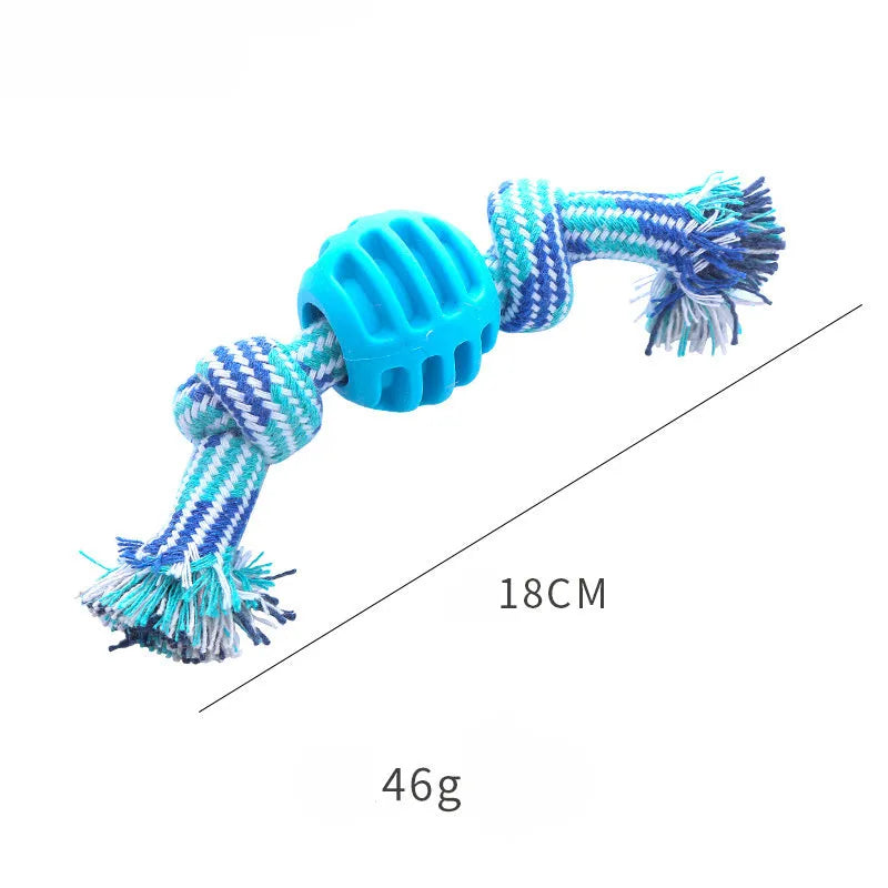 Blue molar-shaped dog chew toy with attached ropes for dental cleaning and tugging play.