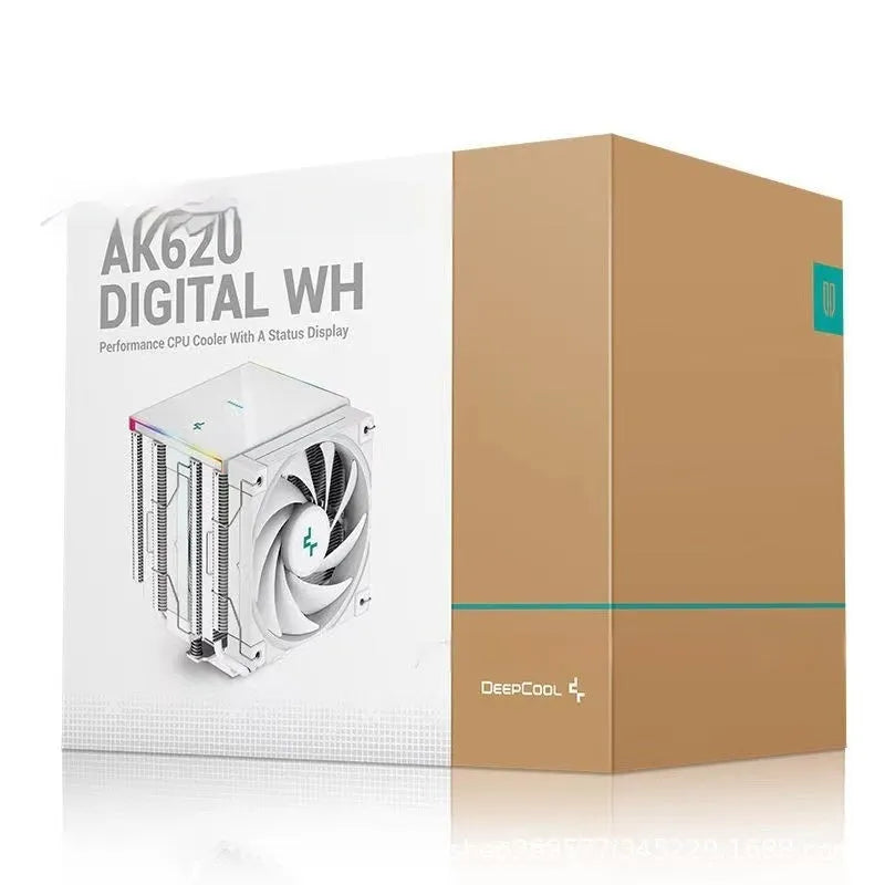 Twin tower black CPU air cooler with fans and a digital temperature display on front.