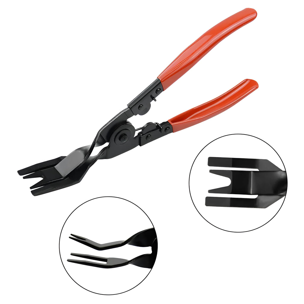 Red handle automotive door panel nailing tool for General Motors vehicles with steel construction