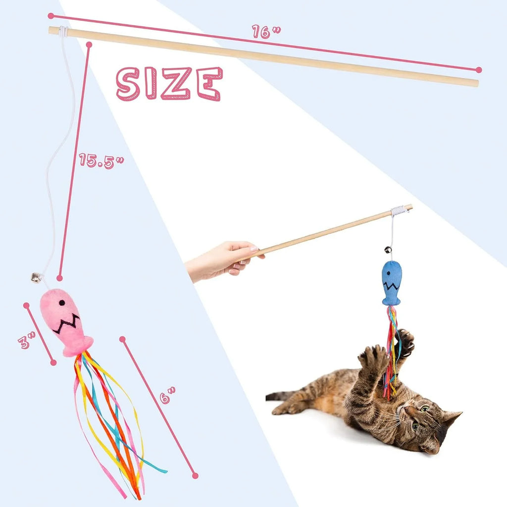 Colourful cat wand toy with ribbons, catnip fish, and bell on a wooden handle.