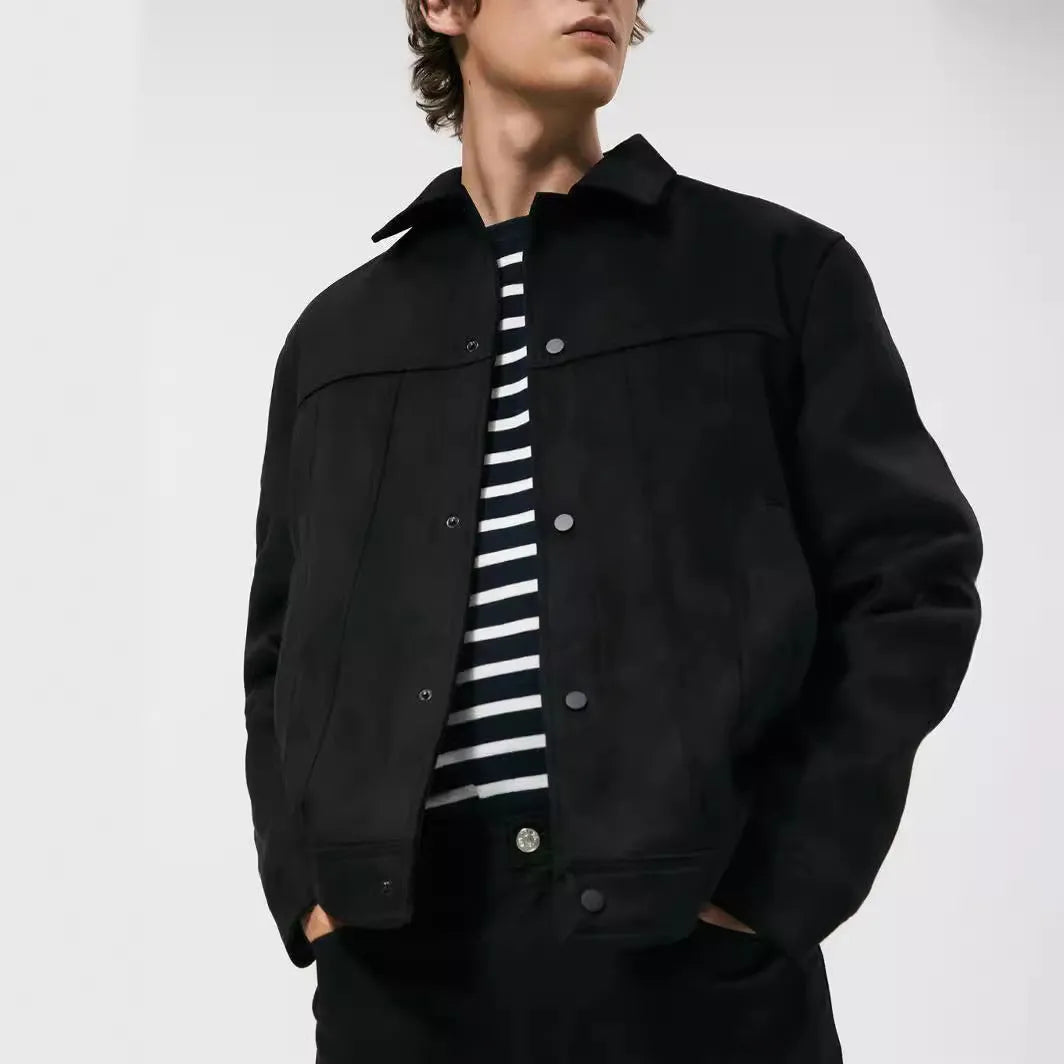 Black men's hooded jacket with a suede collar, side pockets, and a straight hem.