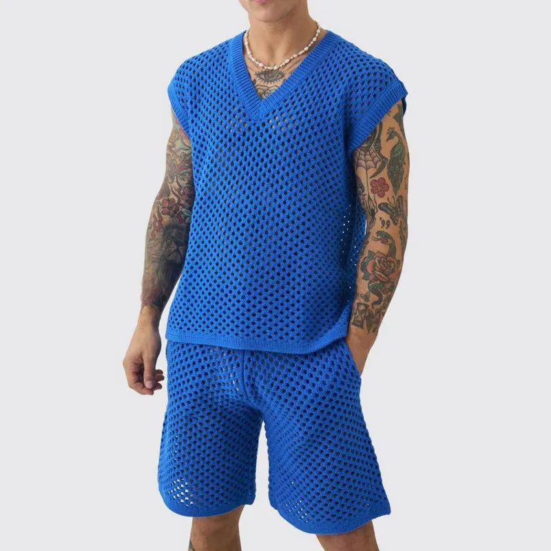 Men's blue knitted vest and shorts sports suit with V-neck and sleeveless design
