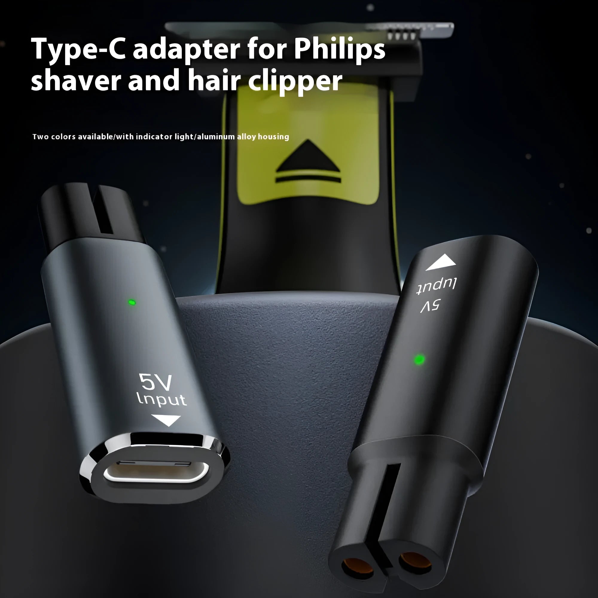 Black aluminium alloy USB-C to DC charging adapter for electric shavers with 4.3V output.