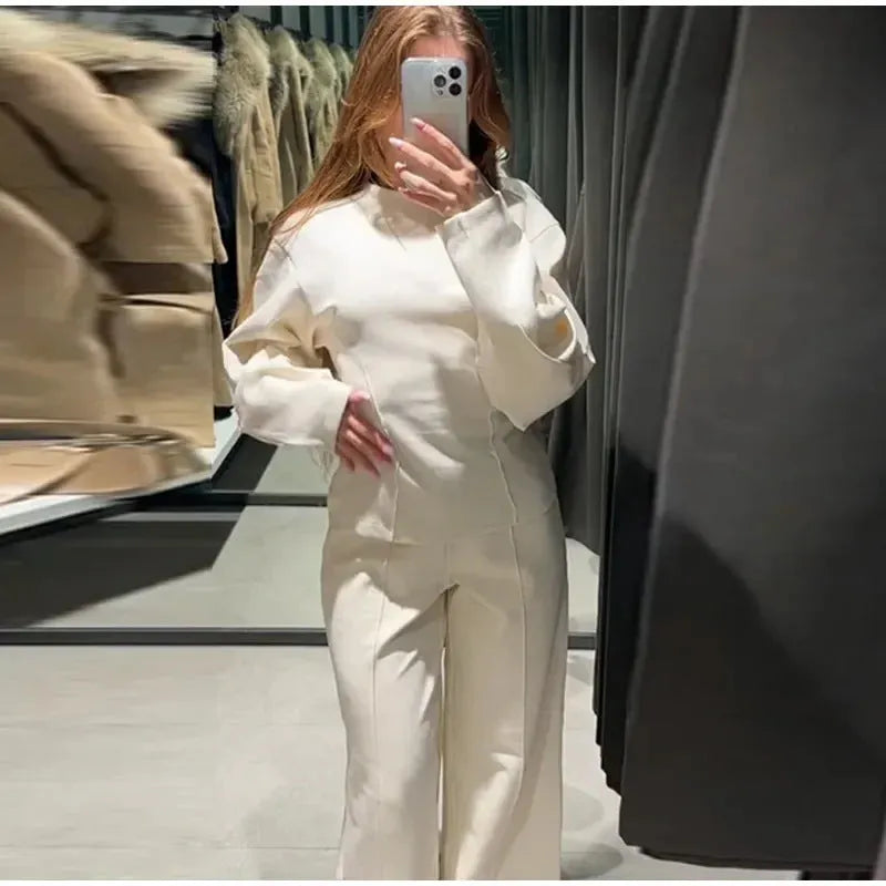 Women's polar fleece suit set with pleated top and wide leg trousers in black, apricot, grey or wine red