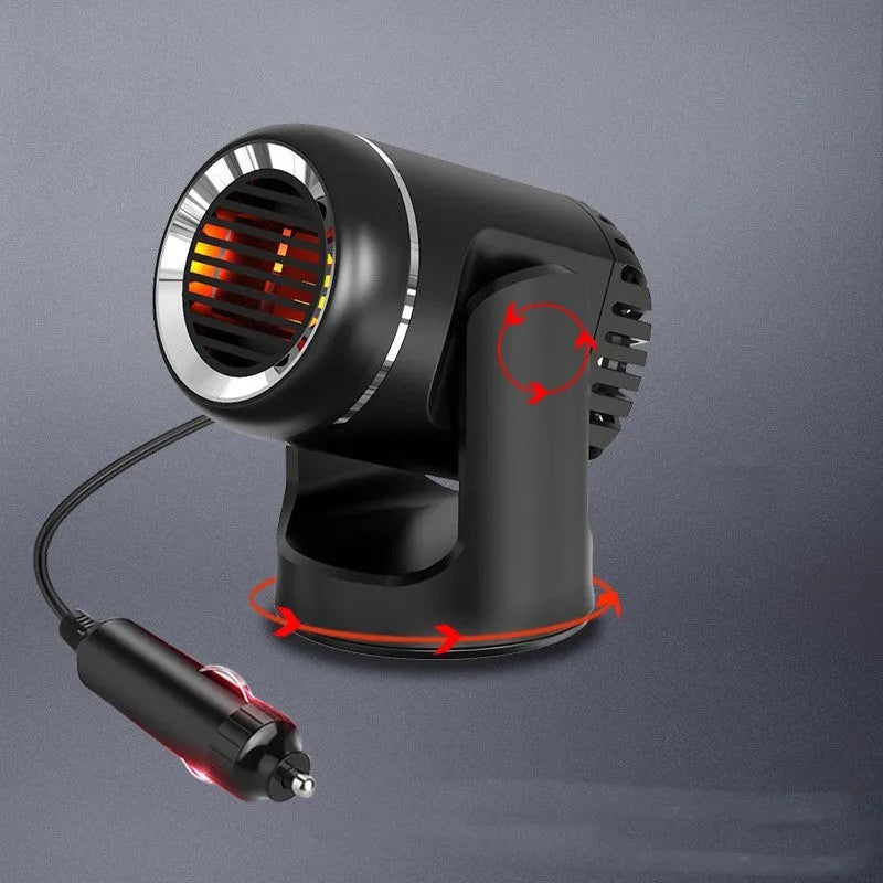 Black and white 12V car heater with dual hot cold settings for vehicle defrosting and warming