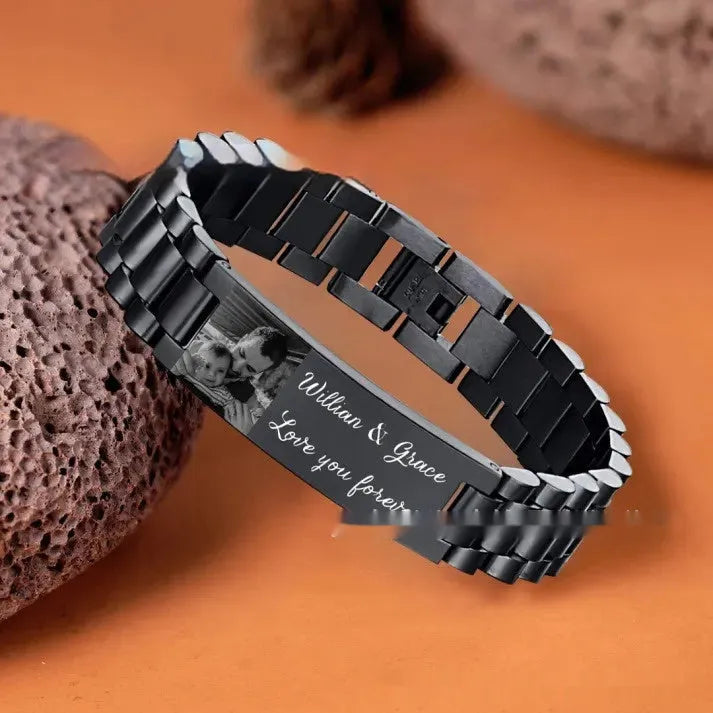 Men's unisex titanium steel bracelet with curved heart shape and black lettering