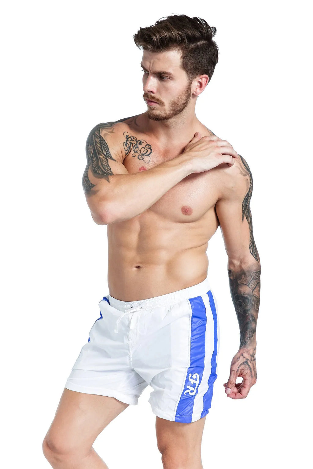 Men's blue lace-up sports shorts with padding and slim fit design