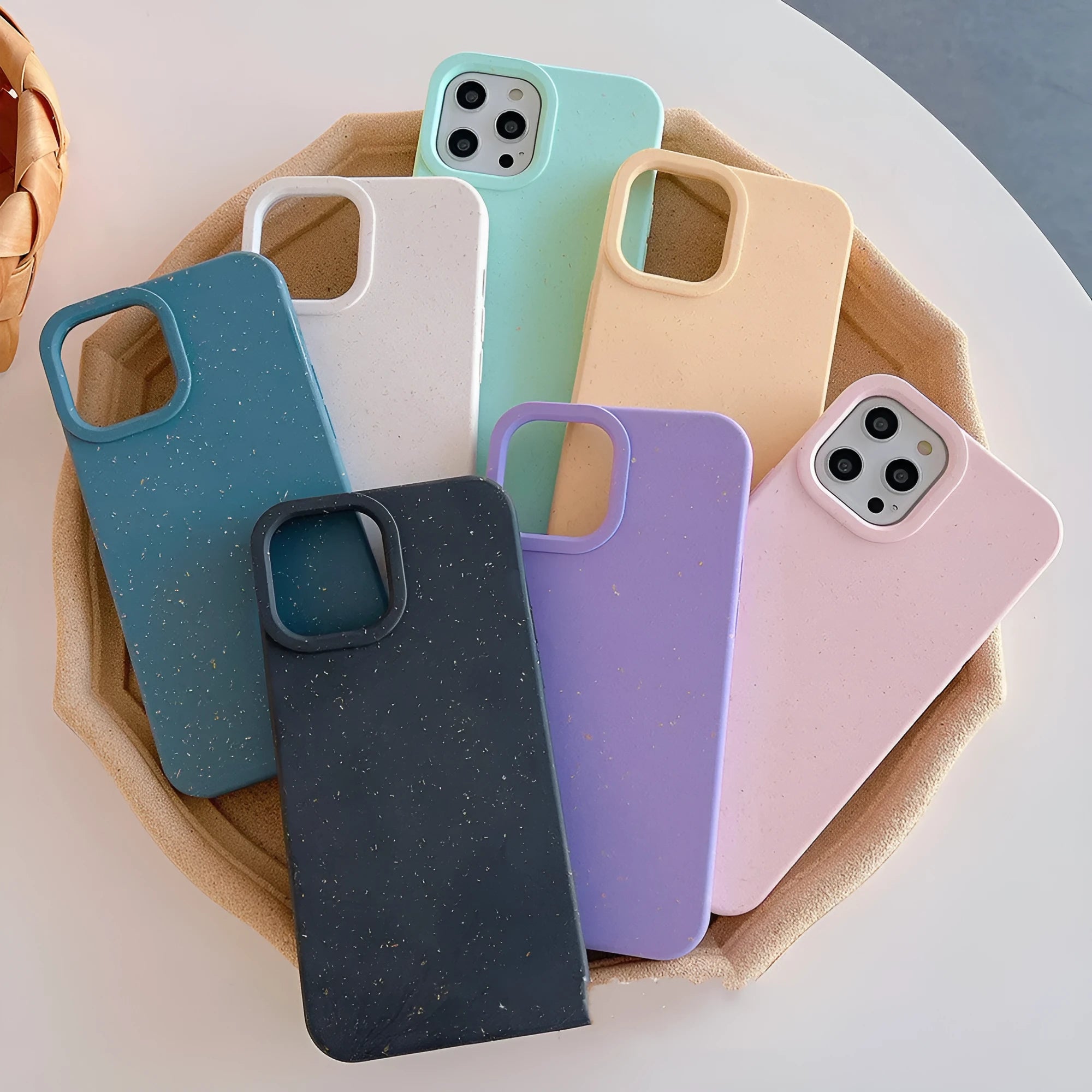 Fully degradable wheat straw fibre phone case for iPhone on a white background.