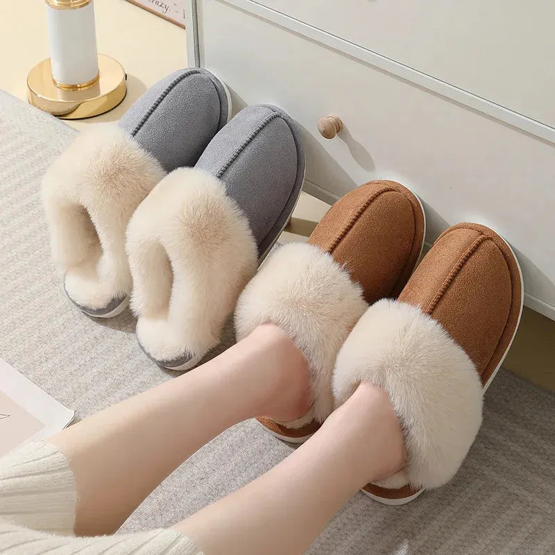 Women's brown plush indoor slippers with round toe design and non-slip PVC soles