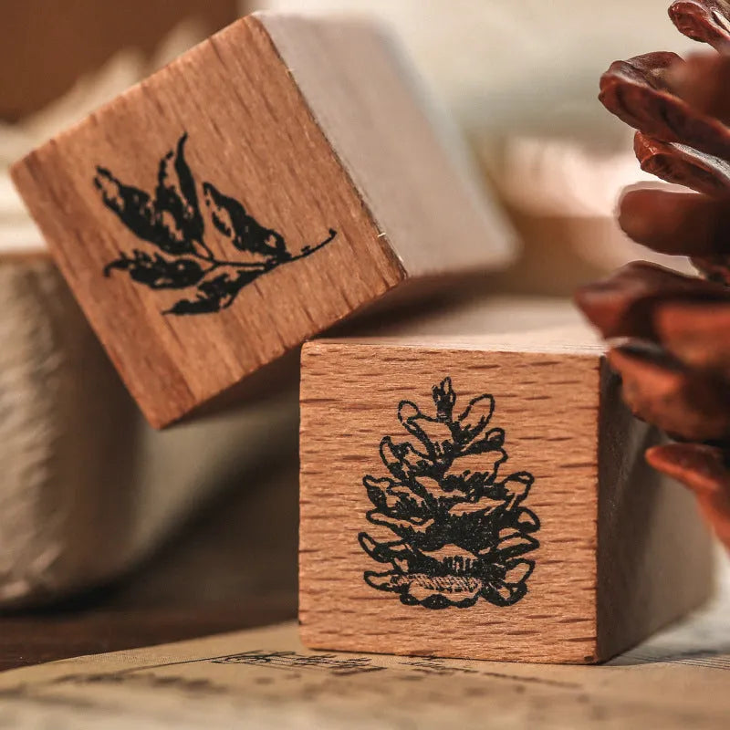 Mr Paper Seal Suit wooden handmade stamp set showing seven pieces with vintage decorative patterns