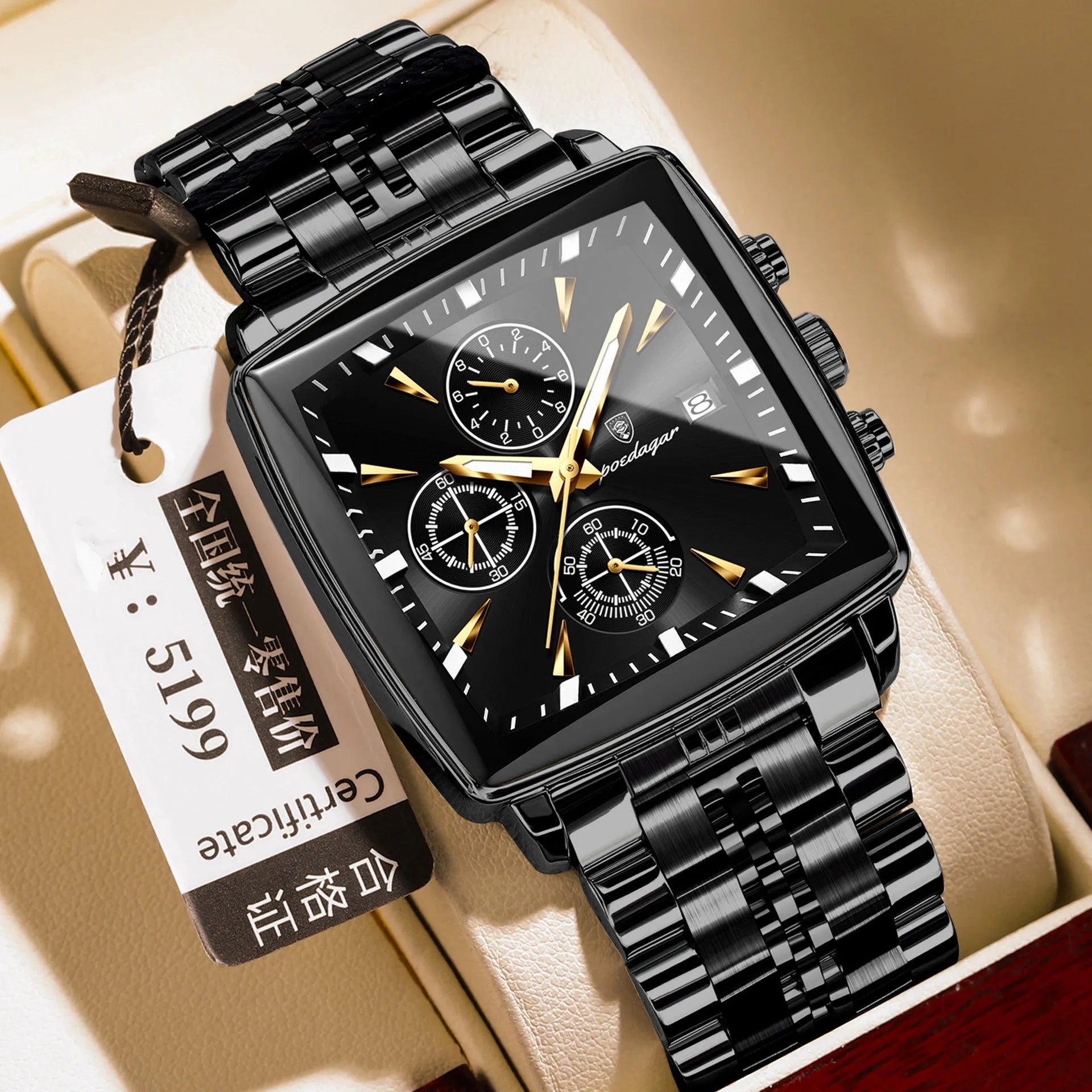 Square men's business watch with alloy case and stainless steel bracelet on wrist.