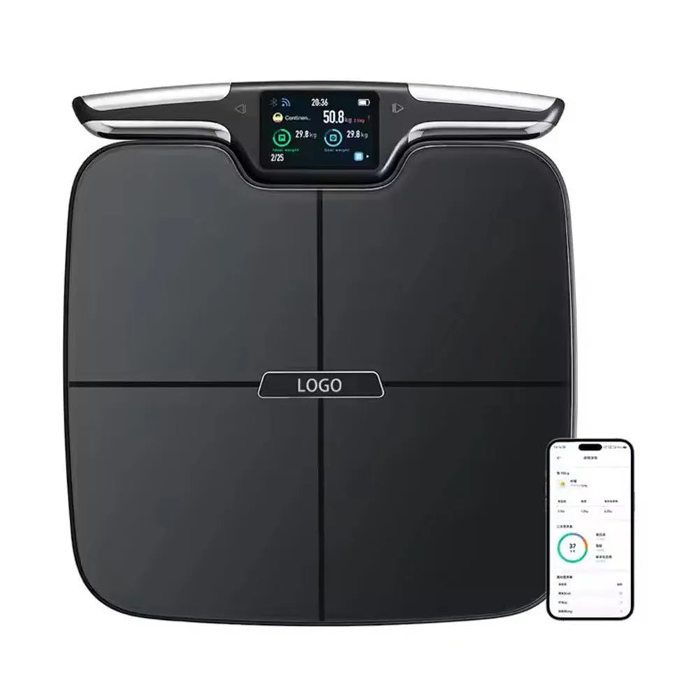 Black eight-electrode body fat intelligent electronic bathroom scale on floor