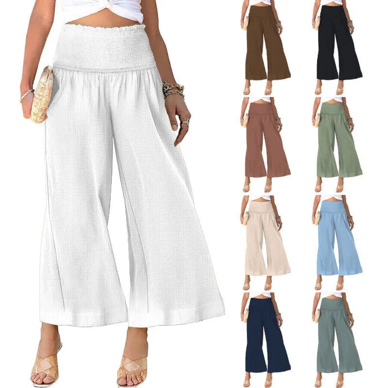 Women's high waist pleated trousers in cotton linen blend, cropped straight-leg style