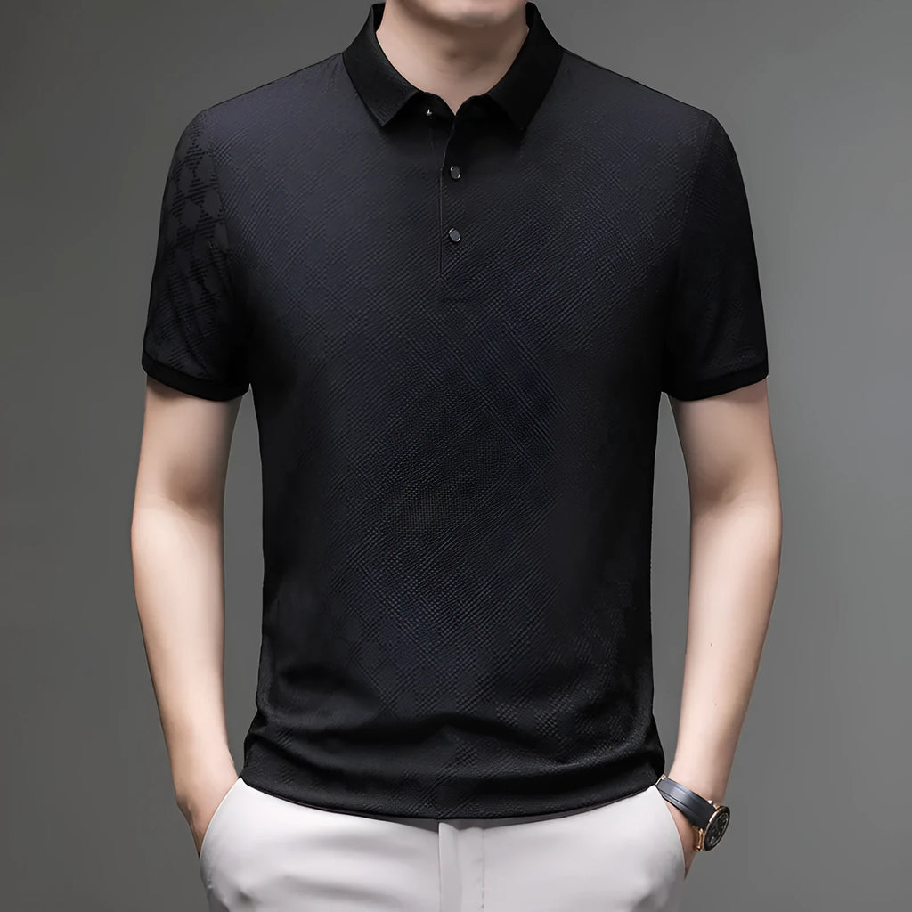 Rhombus thin ice silk short sleeve T-shirt in black featuring a slit design on the body.