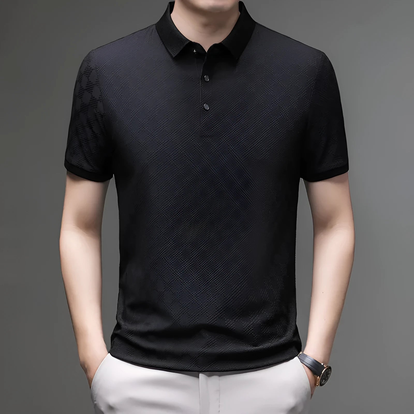 Rhombus thin ice silk short sleeve T-shirt in black featuring a slit design on the body.