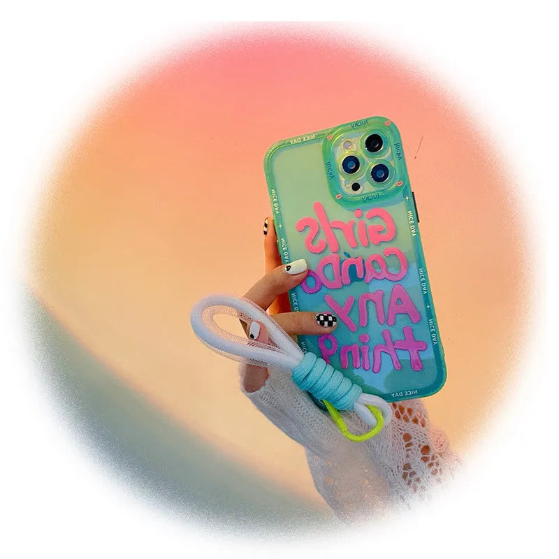Mint green TPU iPhone case with hand-painted graffiti artwork and attached black lanyard