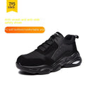 Men's black mesh breathable labour safety shoes with PU sole for anti-smash anti-puncture protection.
