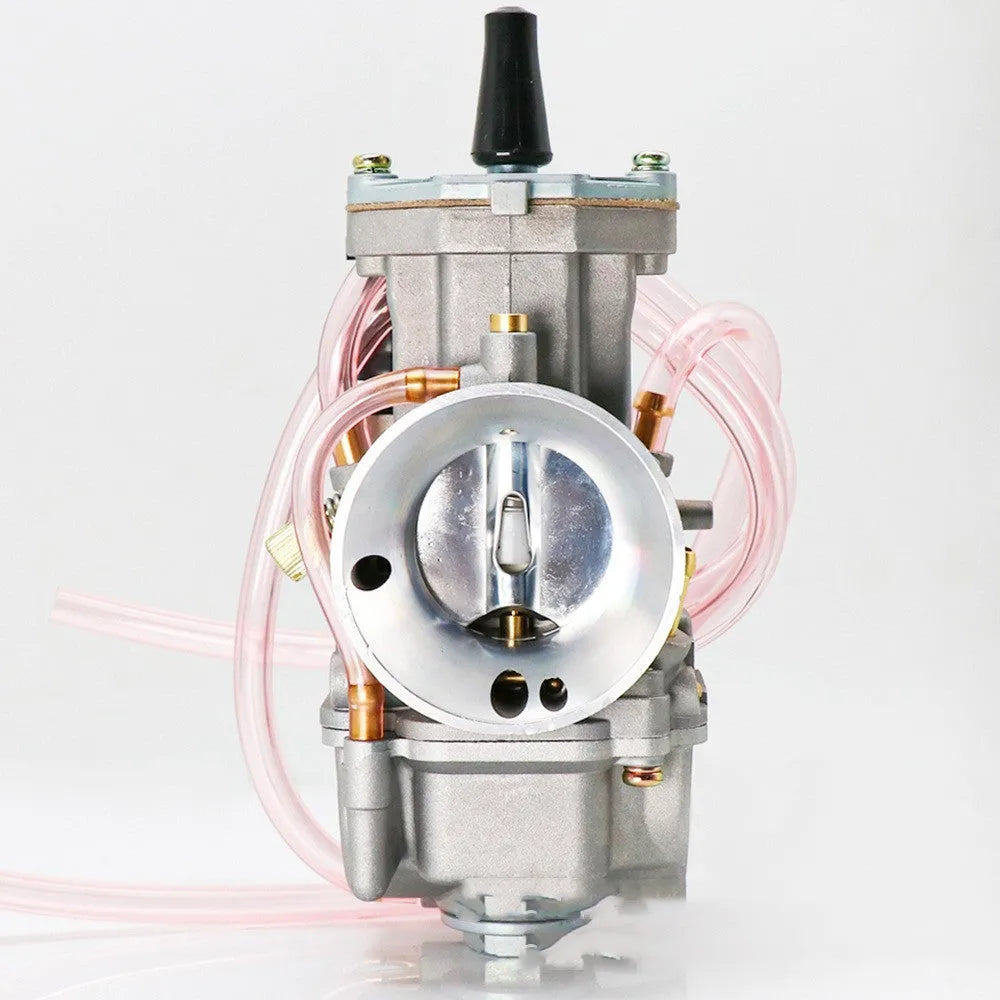 Motorcycle carburettor modification kit with sandblasted finish, showing size options from 21mm to 34mm bore.