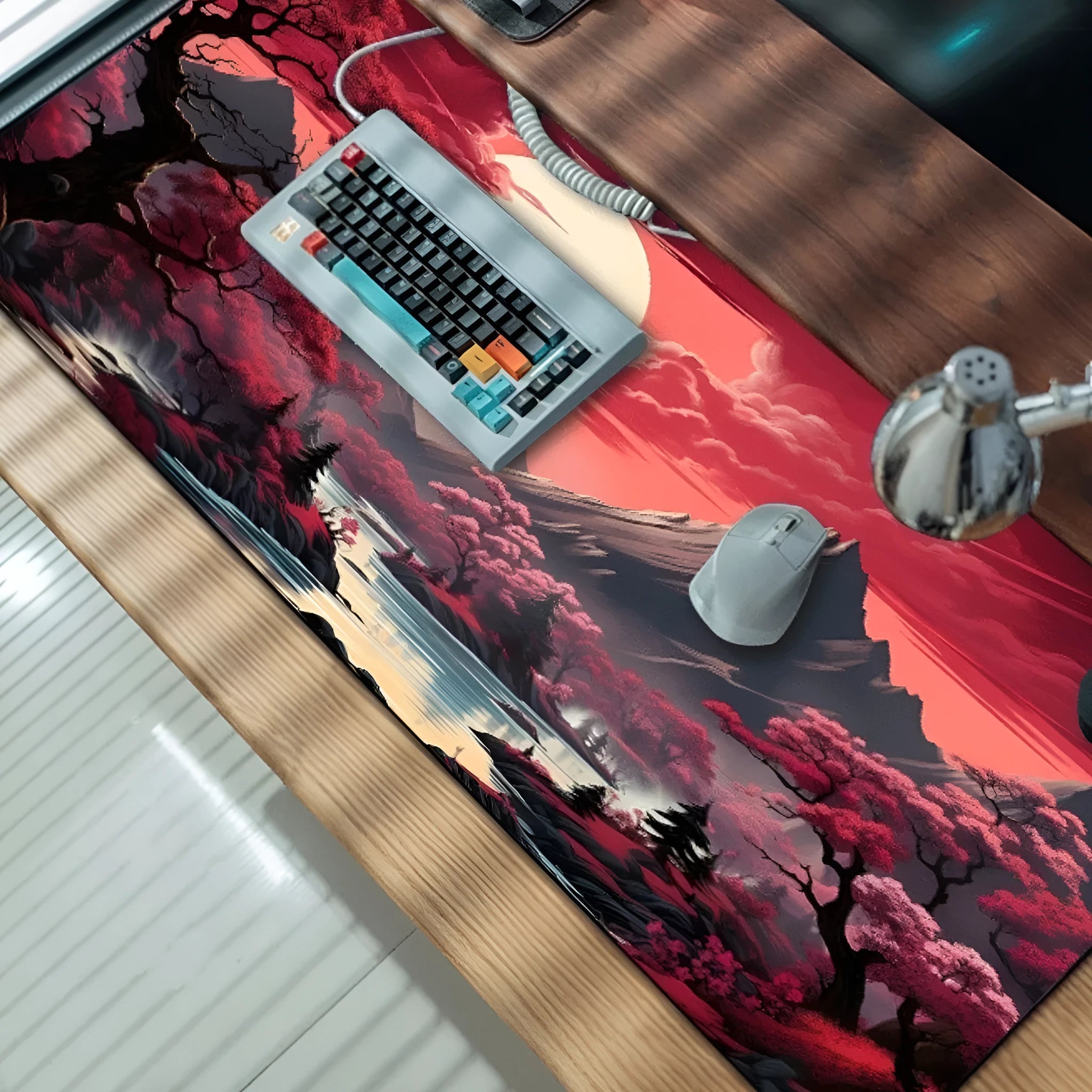 Anime-themed gaming mouse pad on a desk, showing non-slip rubber base and printed cloth surface.