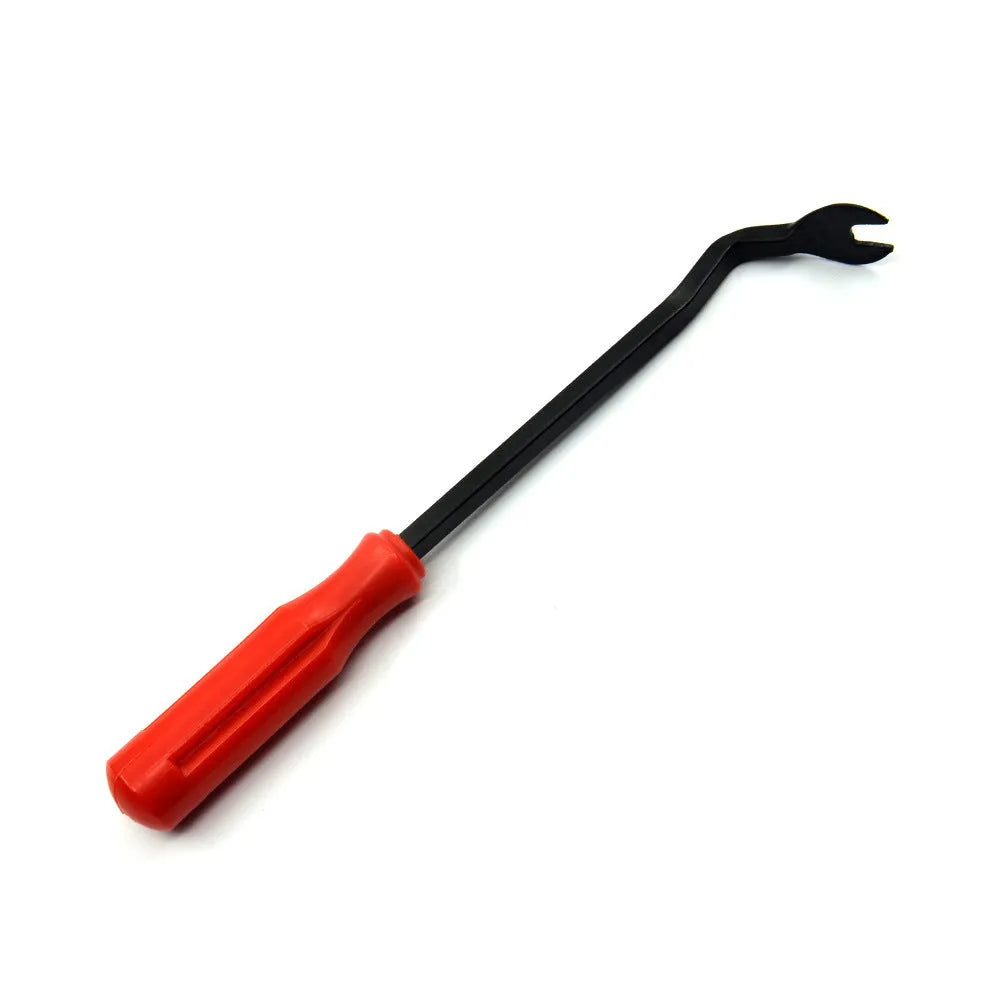 Red handle automotive door panel nailing tool for General Motors vehicles with steel construction